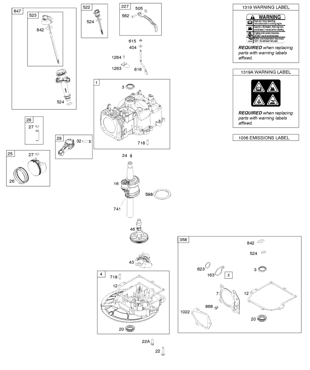 Camshaft, Crankshaft, Cylinder, Piston/Rings/Connecting Rod, Sump, Warning Label Diagram and Parts List for  Briggs and Stratton Engine